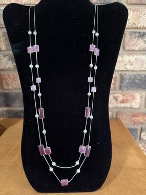 Double strand Purple enamel beaded silver tone necklace
